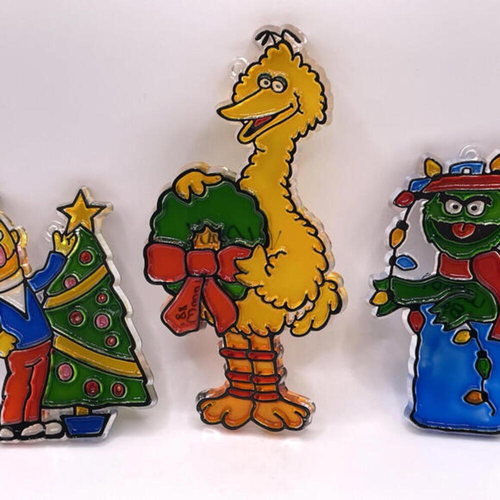 Vintage‎ Sesame Street Christmas Ornaments Plastic Stained Glass LOT of 3